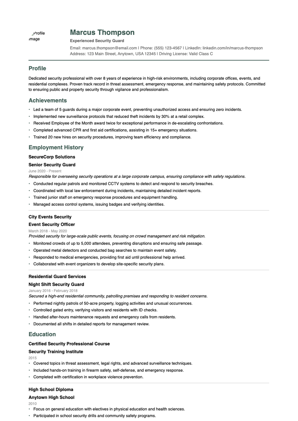 Professional security guard resume with green sidebar and detailed work history_variant_3